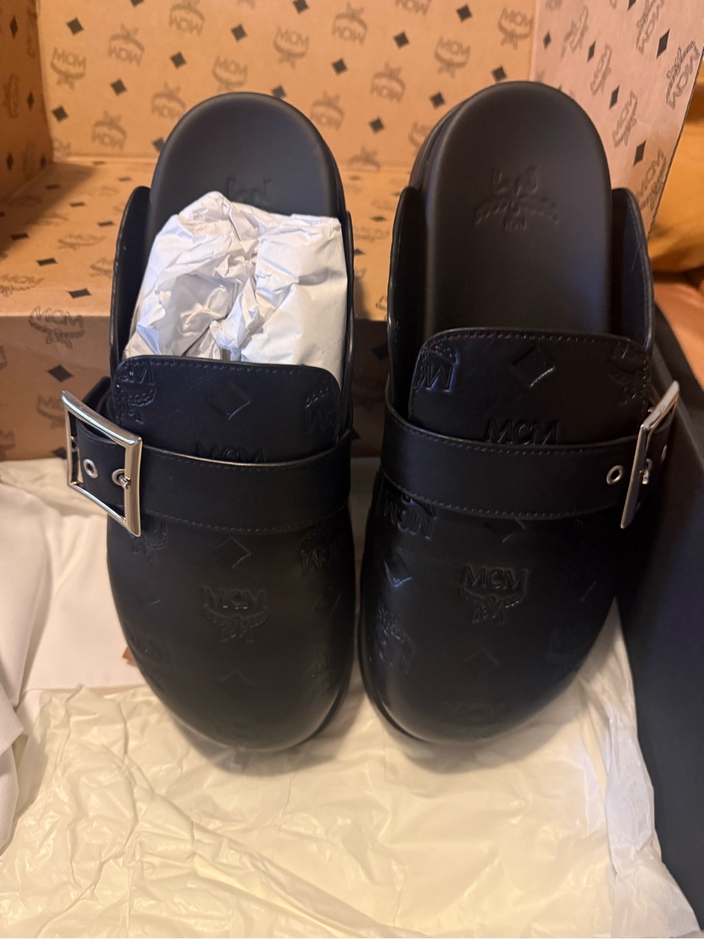 MCM Black Embossed Leather Buckle Mule Slides